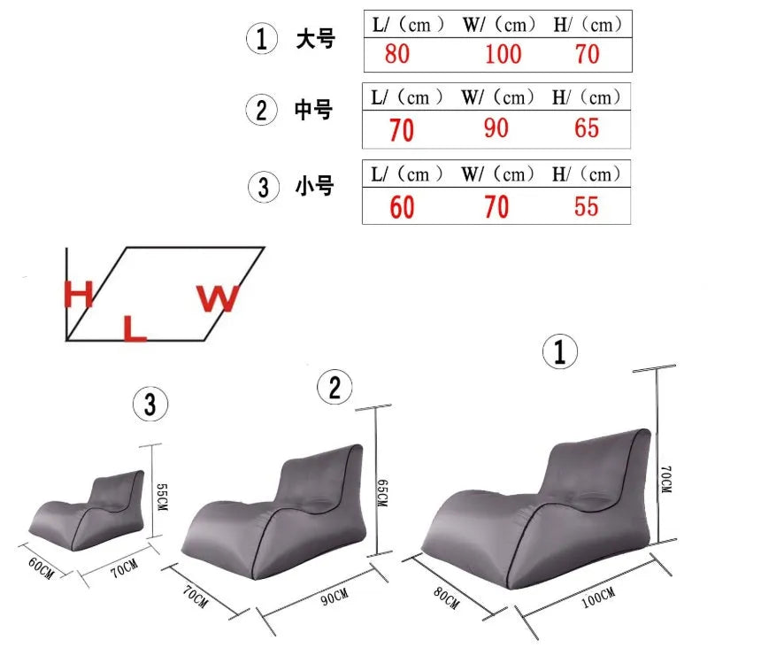 Portable inflatable air sofa in black, 210T nylon, 200KG load, 0.94KG, 5-second inflation, U-shaped support.