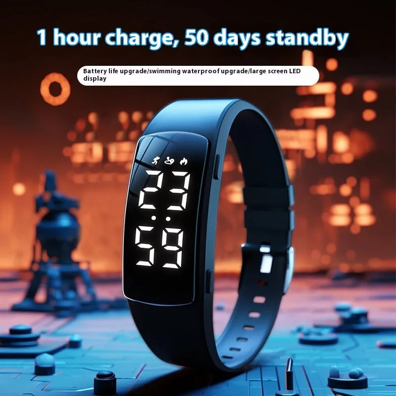 Waterproof smart watch with vibration alarm, LED display, and silicone strap in multiple colour options