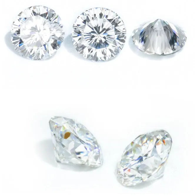 Round brilliant cut Moissanite loose gemstone showing eight hearts and eight arrows pattern.