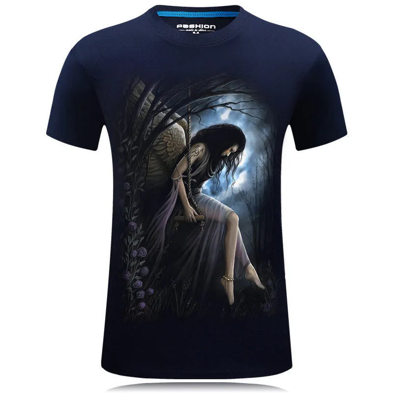 Men's short sleeved 3D print t-shirt in loose fit, available in black and navy blue sizes S to 6XL