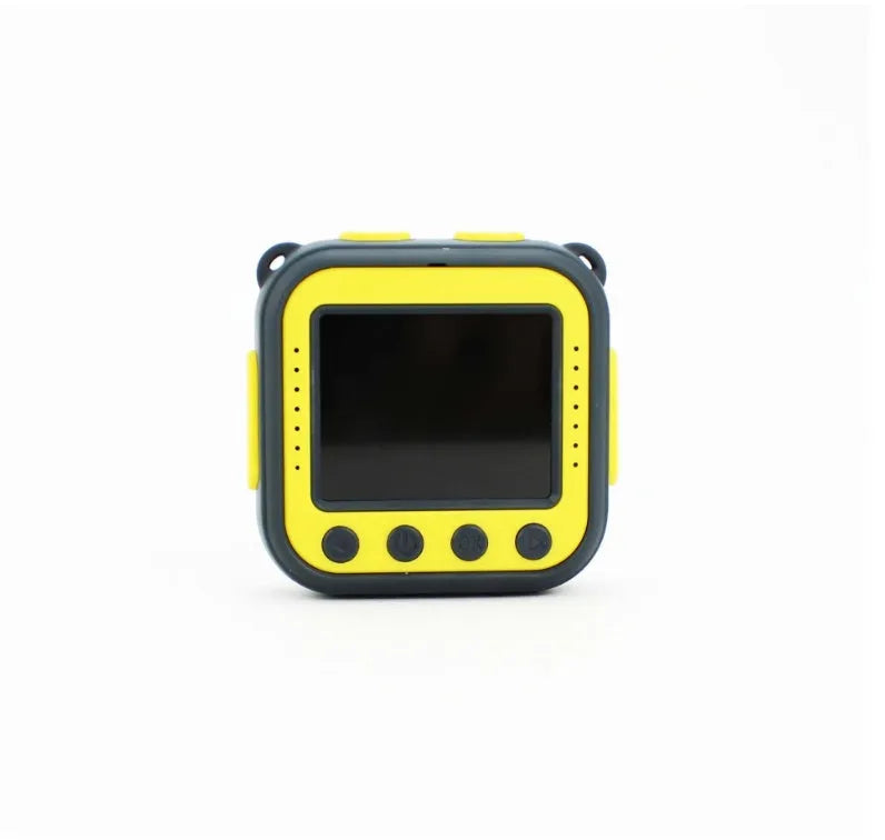 Yellow children's waterproof sports camera with a 1.77-inch screen, shown from the front.