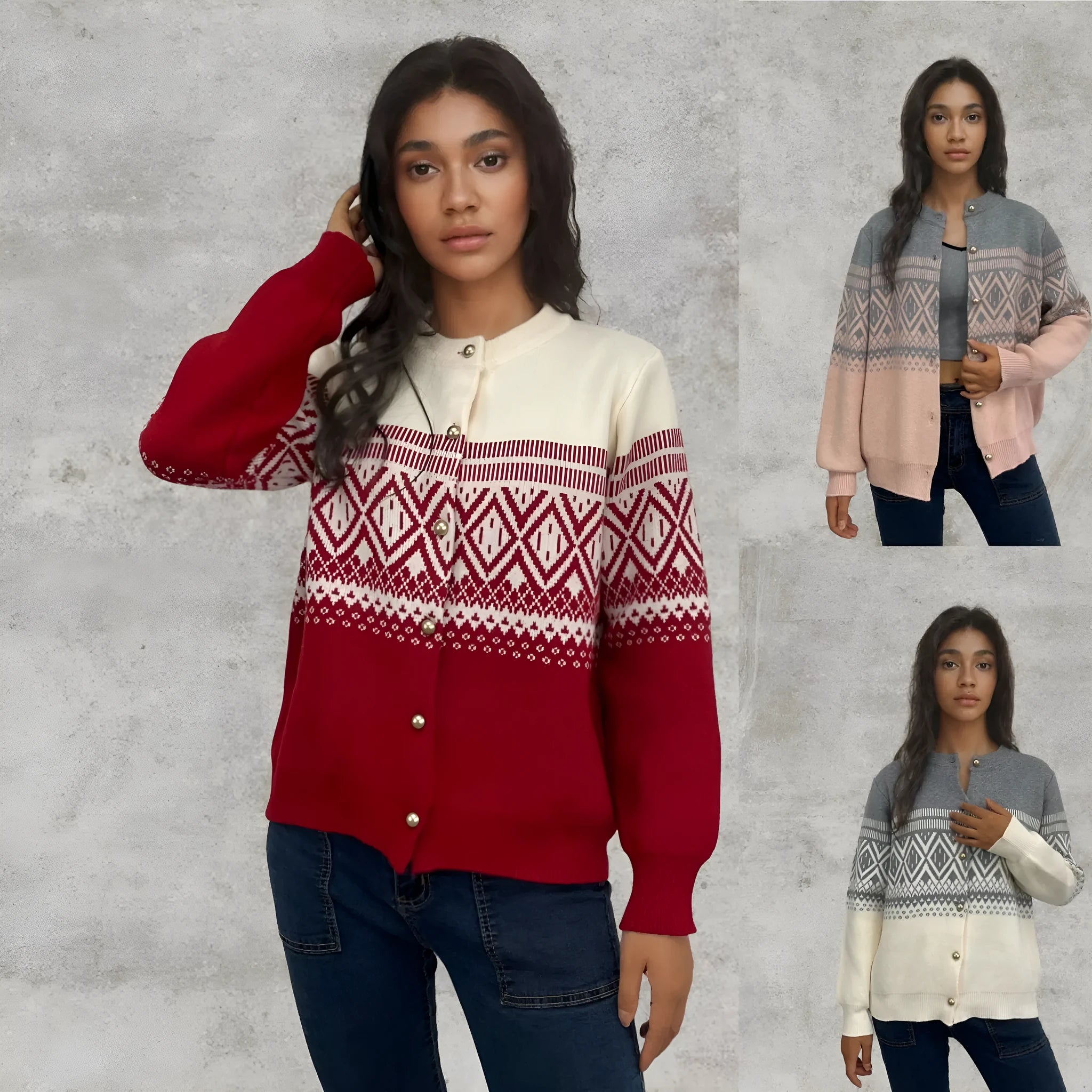 Women's alpaca wool blend cardigan with diamond knit pattern and long sleeves in street fashion style