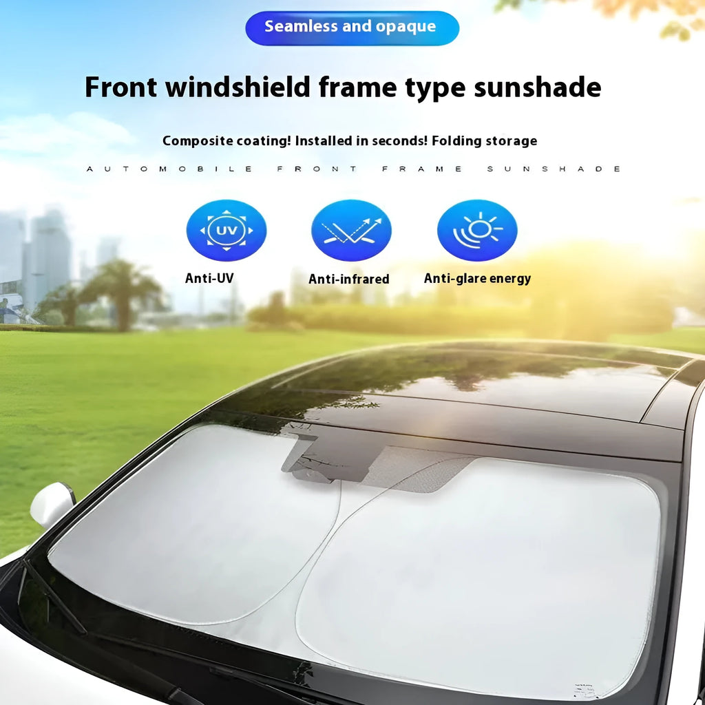 Titanium silver aluminium foil car sunshade shown in a rectangular shape for windshield protection.