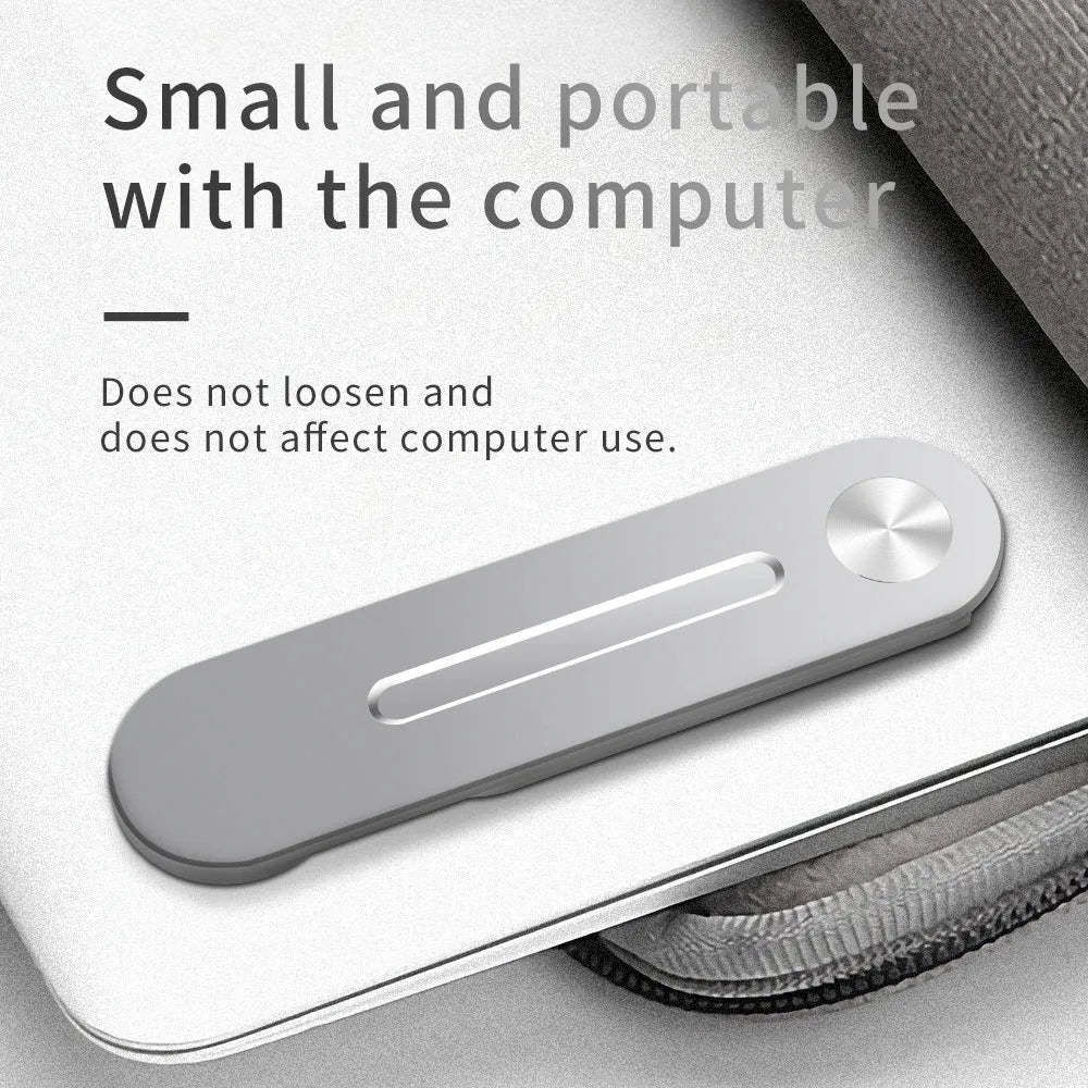 Silver aluminium laptop side mount bracket holding a smartphone next to a laptop screen.