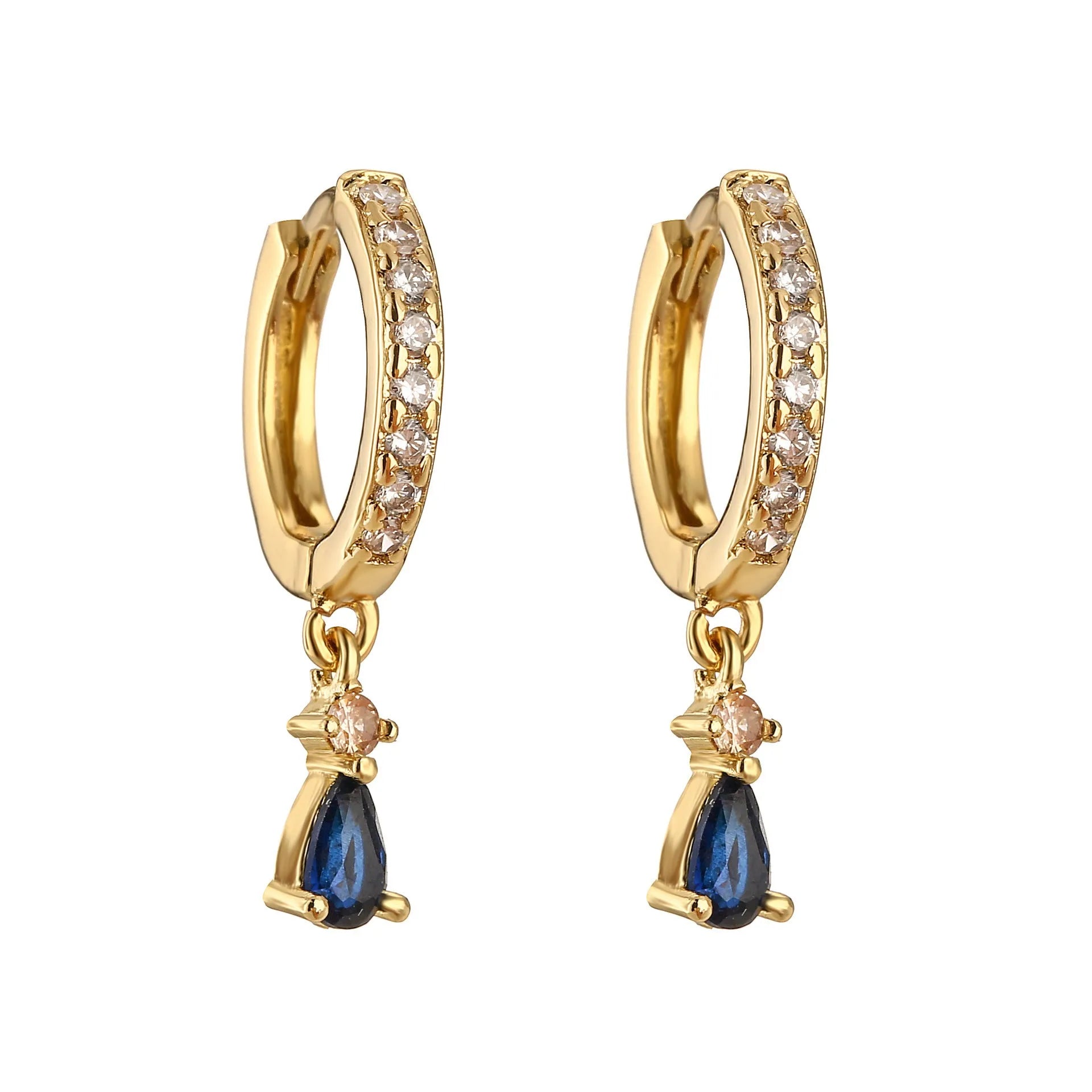 Women's geometric copper earrings with micro-inlaid colourful crystals in water drop shape, gold-plated finish