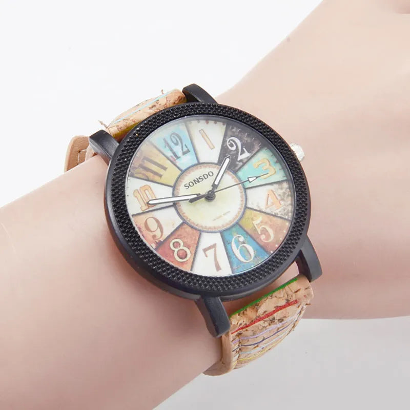 Women's vintage leather strap watch with 37mm round dial and tempered glass