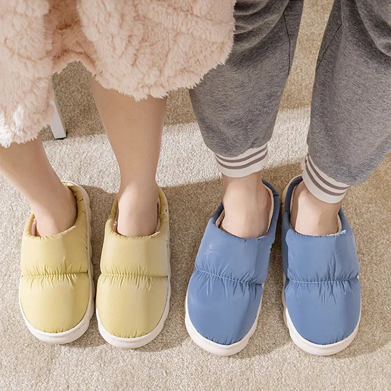 Winter indoor slippers with artificial leather upper, rubber sole, and plush lining in multiple colour options