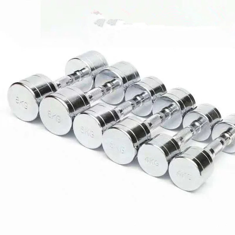 Silver pure steel 1kg dumbbell with ergonomic handle on a grey background.