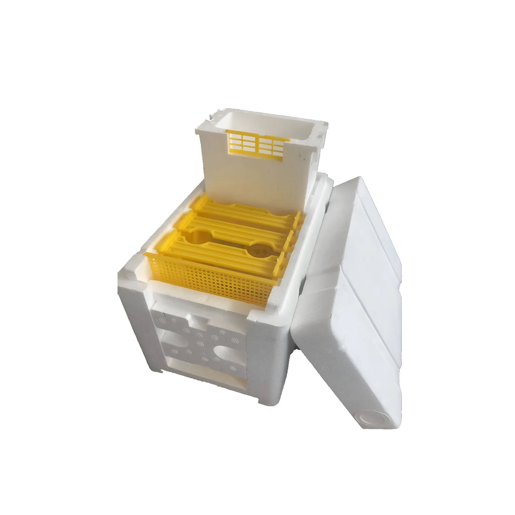 Three white EPS foam delivery boxes for beekeeping equipment transport and storage