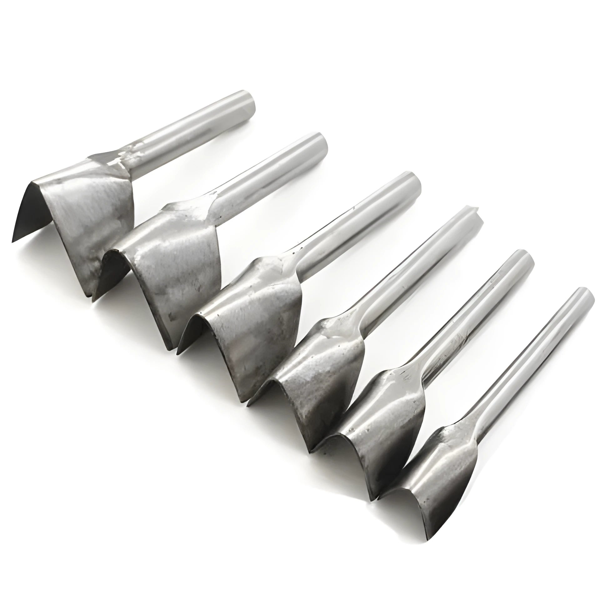 Six steel leather punch tools in half-round and V shapes with sizes from 15mm to 40mm