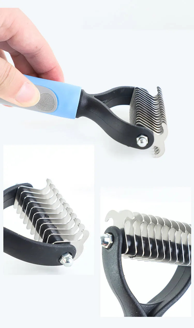 Double-sided stainless pet brush for dogs and cats with button hair removal and non-slip grip, blue or pink