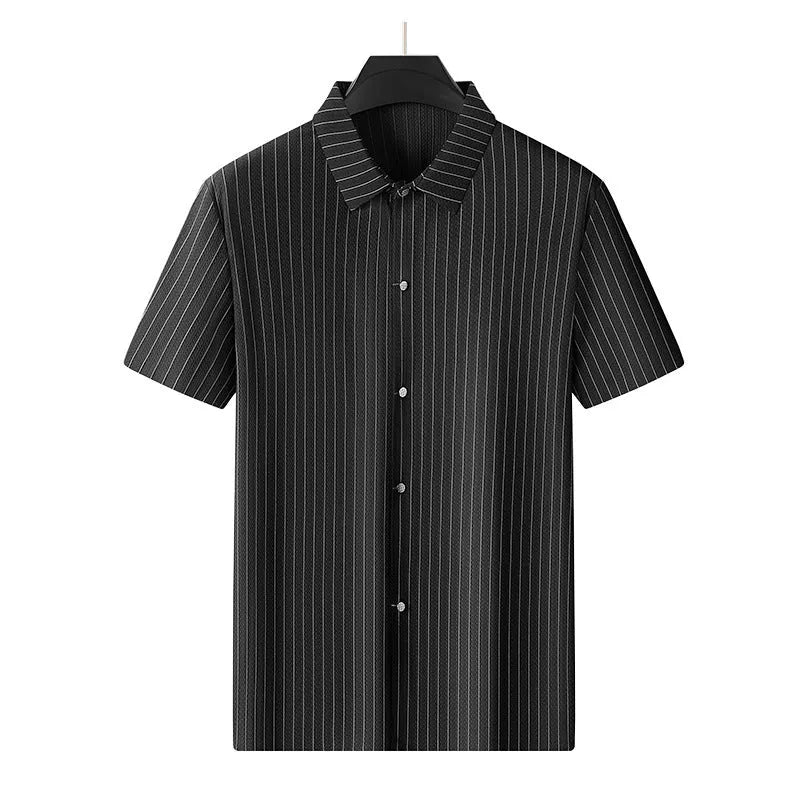 A man wearing a black plus size loose fit striped casual shirt with a square collar.