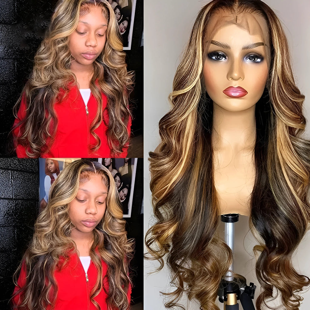 Front lace wig with long curly hair in 134 gradient colour with side bangs