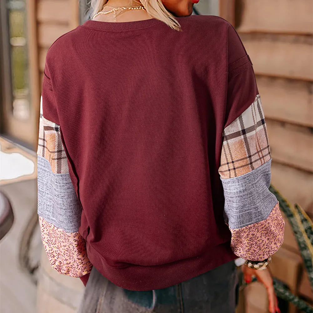 Women's plaid stitching long-sleeved top in apricot colour with loose Japanese Korean casual style