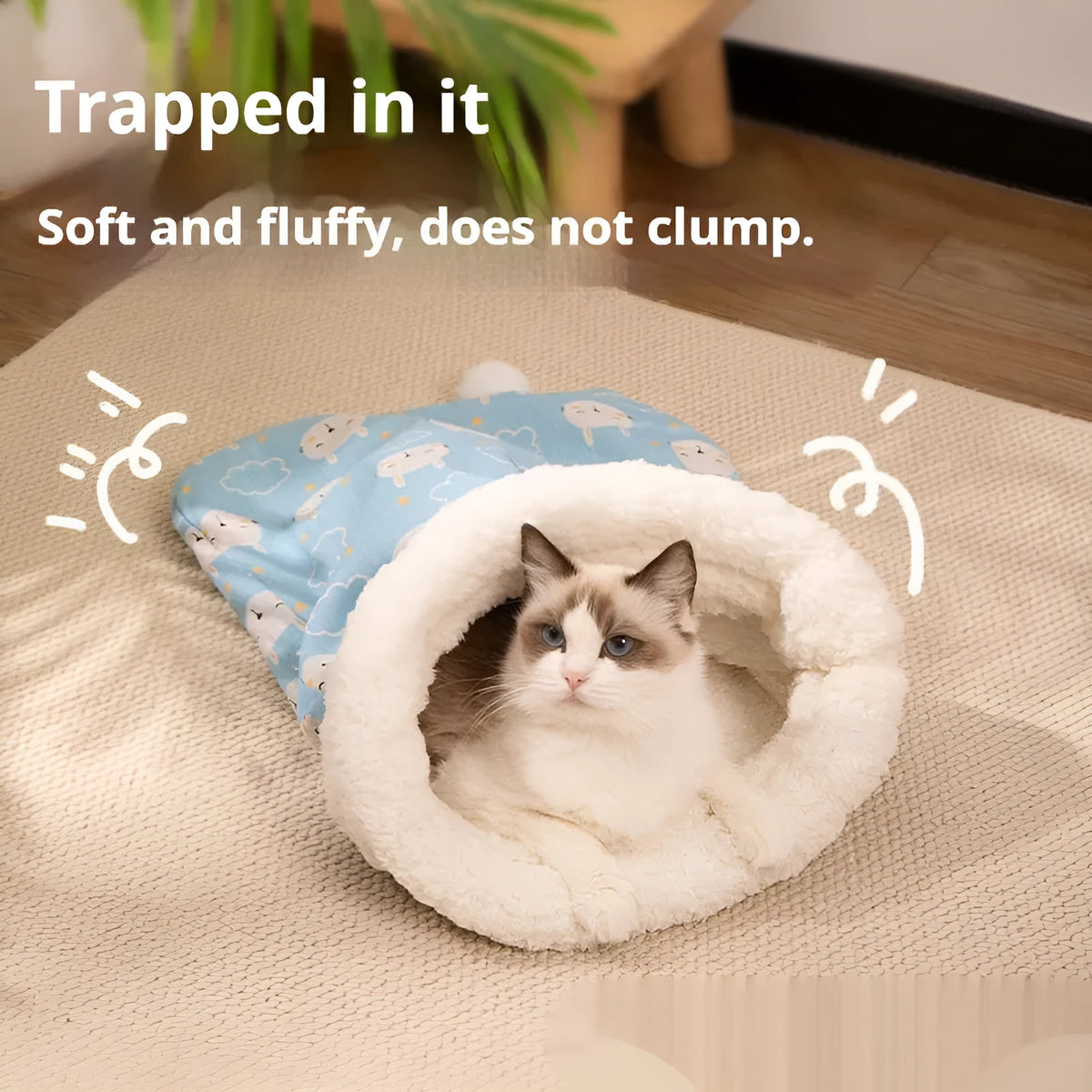 Blue rabbit pattern flannel cat sleeping bag nest measuring 50 by 40 centimetres.