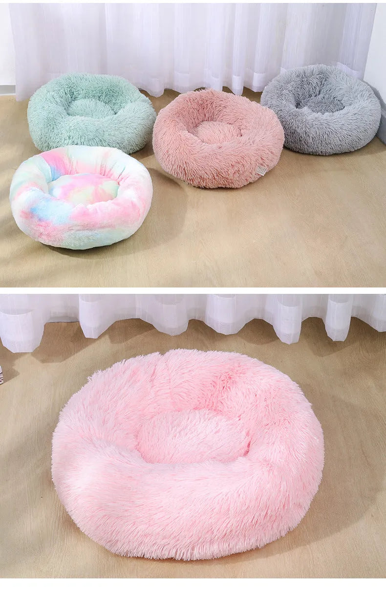 Round plush cloth pet bed for dogs and cats, available in 40cm to 120cm sizes and many colours