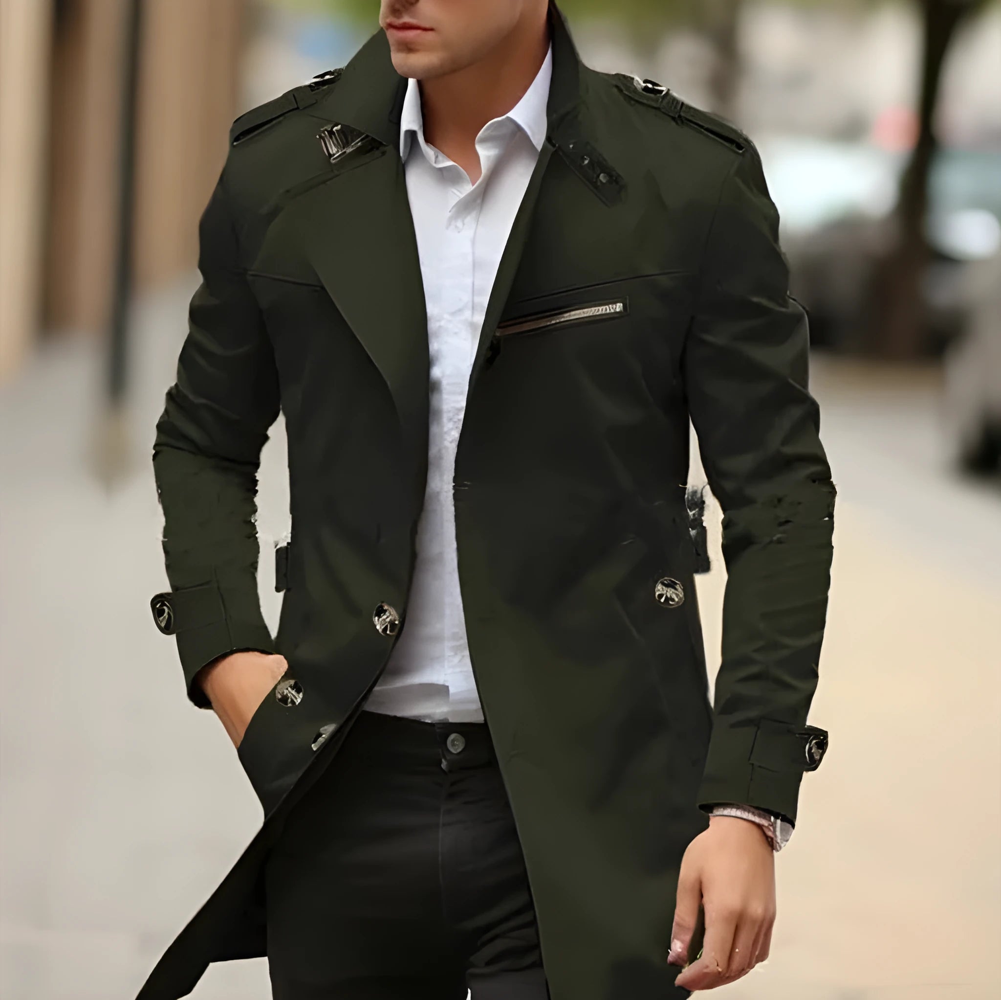 Men's solid colour cotton lapel jacket with side seam pockets in a mid-length design for autumn.