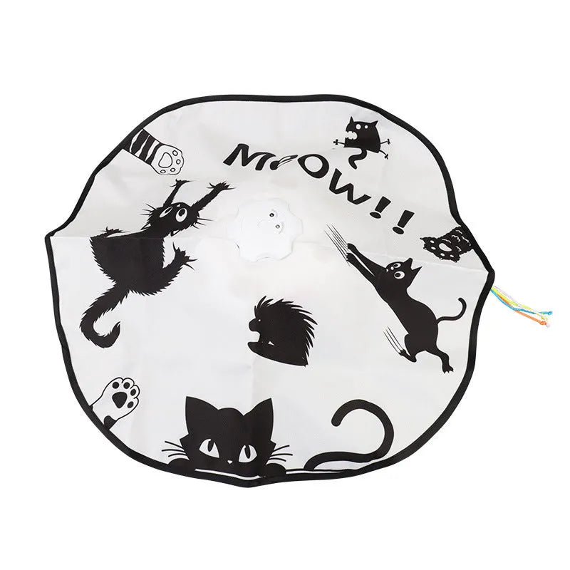 Plastic self-hi relief cat toy with teaser attachment measuring 19.8 by 11.5 by 19.5 centimetres