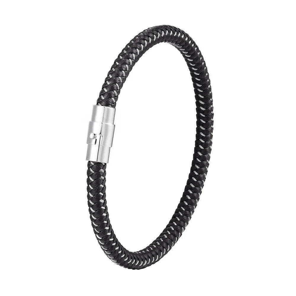 Geometric titanium steel men's bracelet with a magnet socket for charms, shown in a silver finish.