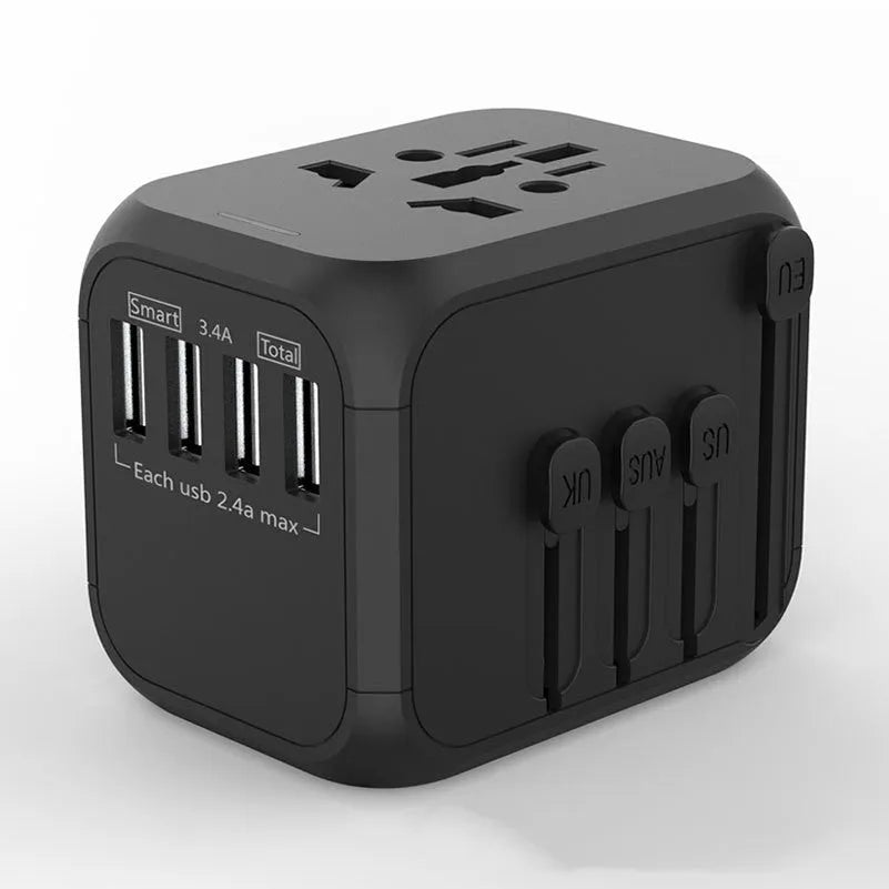 Black conversion plug with six AC outlets, PC shell, 56.5x67x52mm