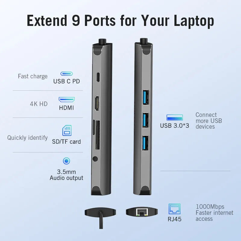 Deep grey USB C to HDMI adapter with multiple ports including Ethernet, USB and card readers