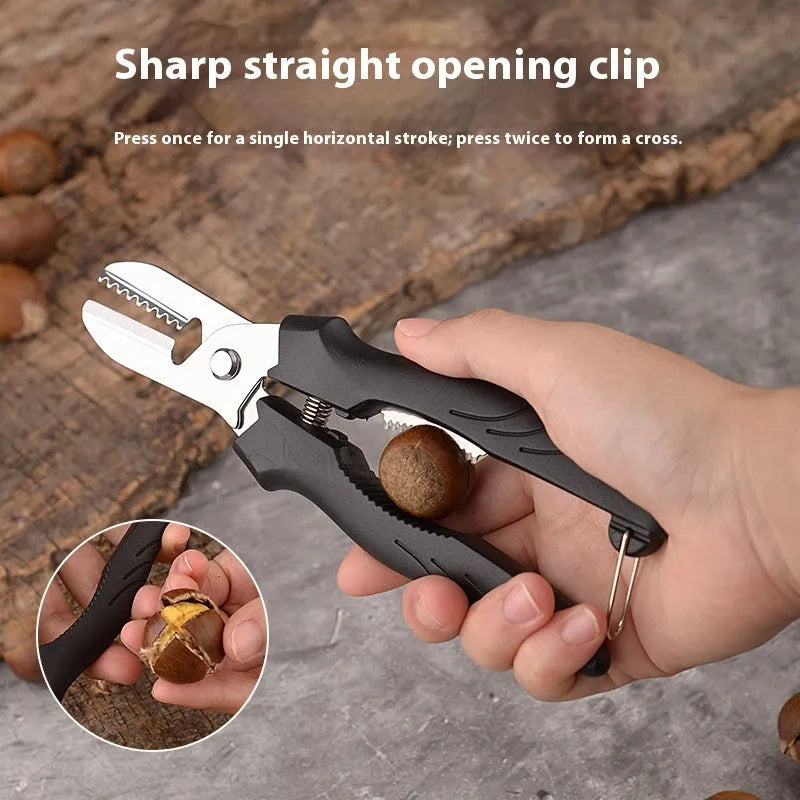 Pair of stainless steel chestnut opening scissors in black colour on white background