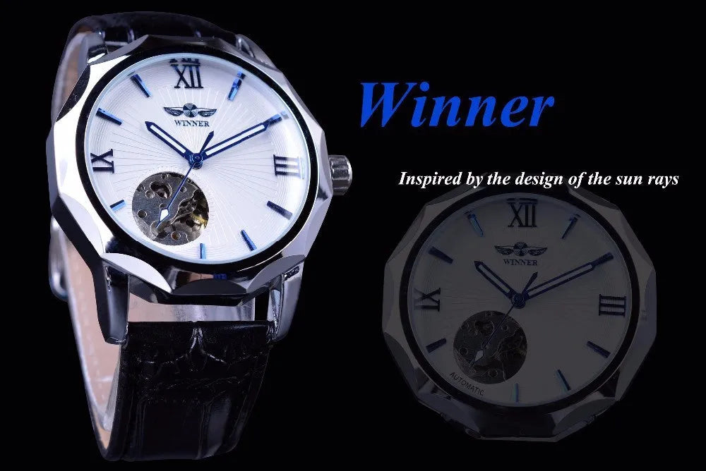 WINNER men's mechanical watch with round black dial, alloy strap, and single fold buckle on a plain background