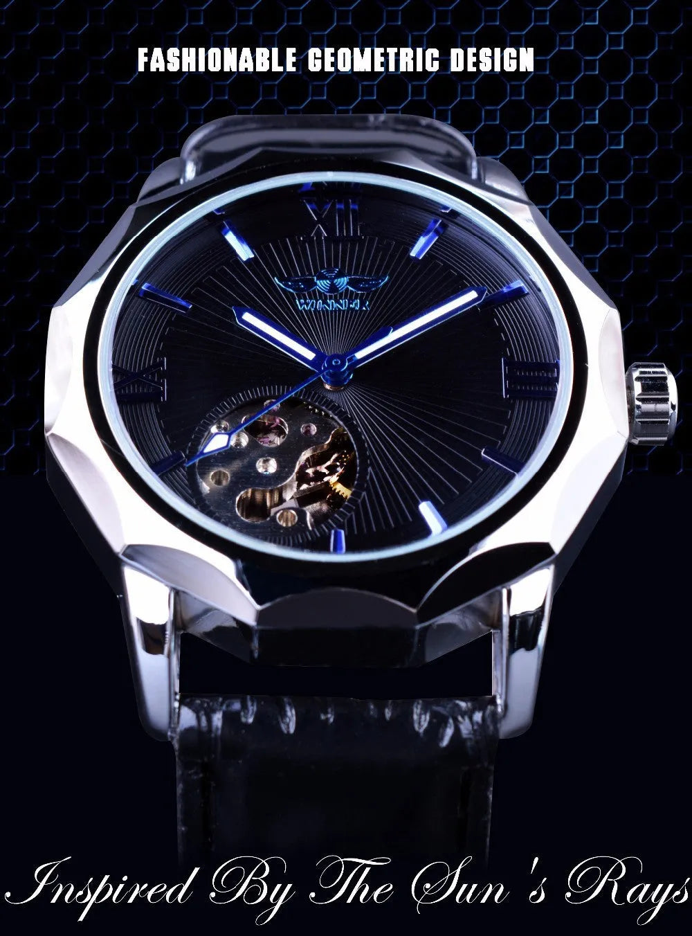 WINNER men's mechanical watch with round black dial, alloy strap, and single fold buckle on a plain background