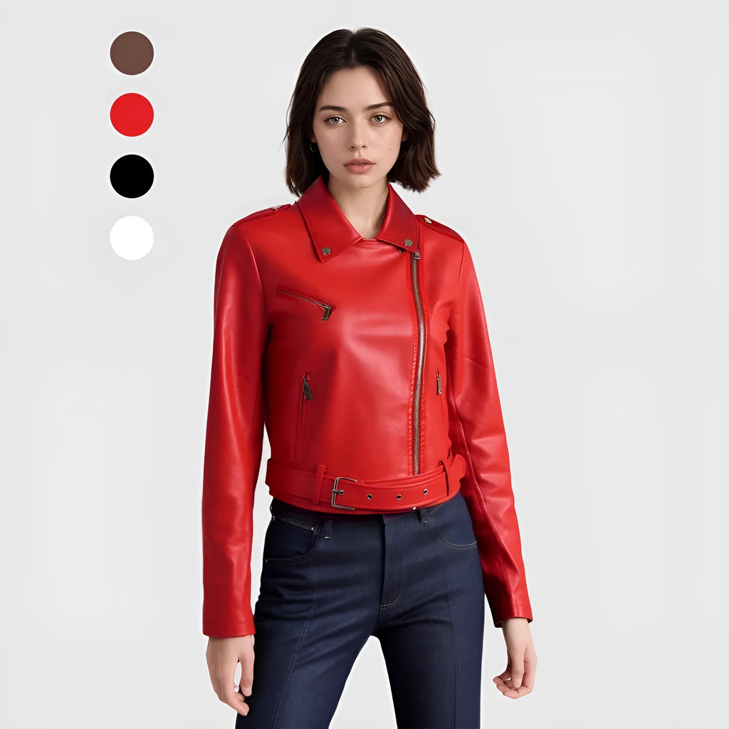 Women's black PU leather motorcycle jacket with lapel collar and waist belt detail
