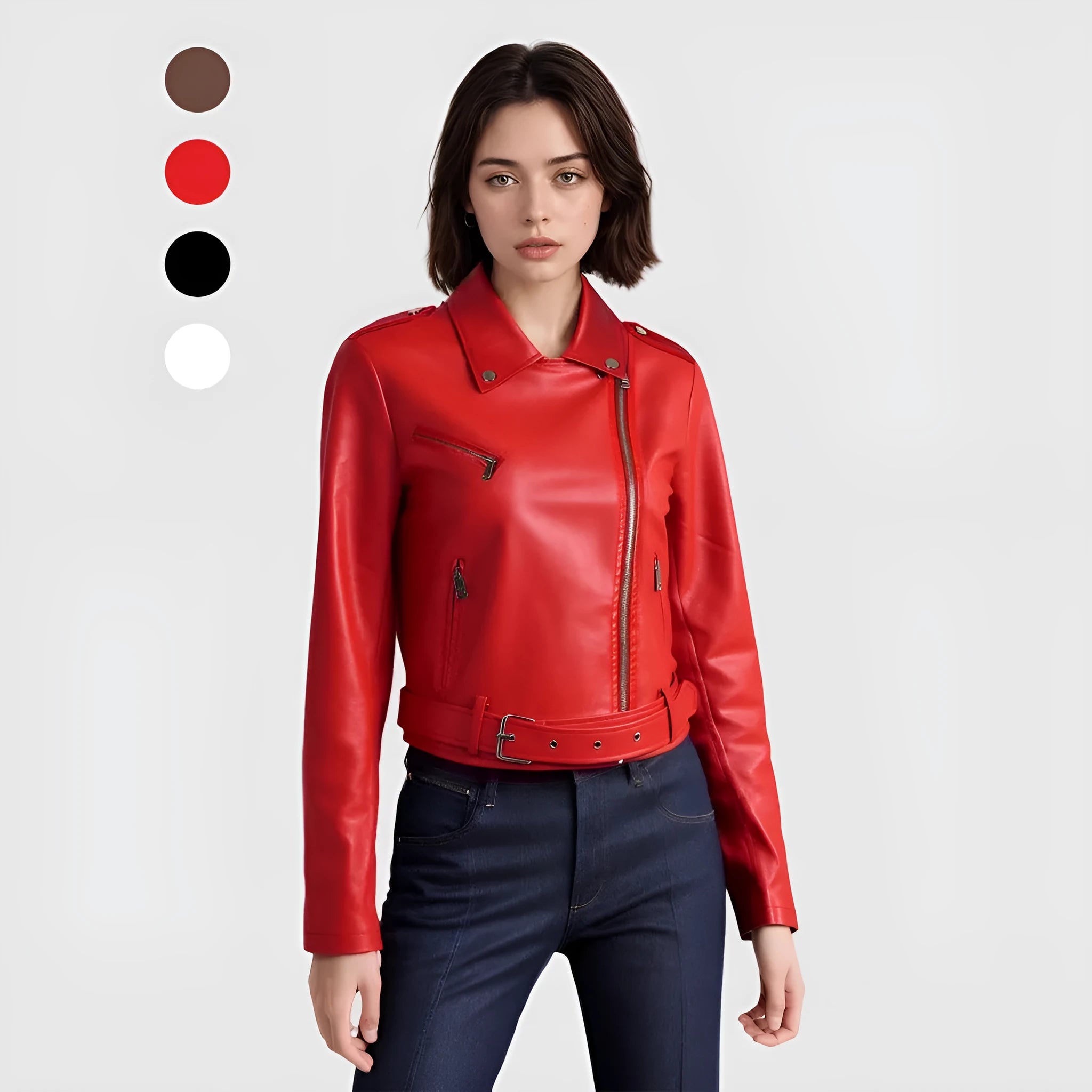 Women's black PU leather motorcycle jacket with lapel collar and waist belt detail