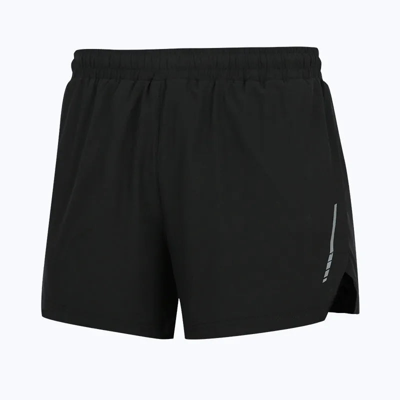 Men's straight-cut quick-dry running shorts in polyester, shown in black, grey, fluorescent green, and blue.