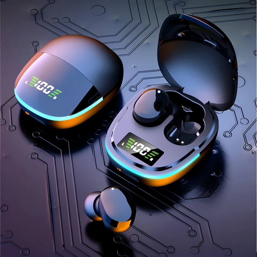 Black wireless Bluetooth headphones with charging case showing digital battery display
