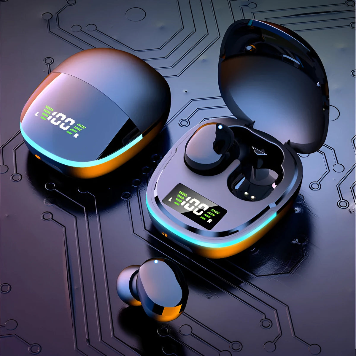 Black wireless Bluetooth headphones with charging case showing digital battery display