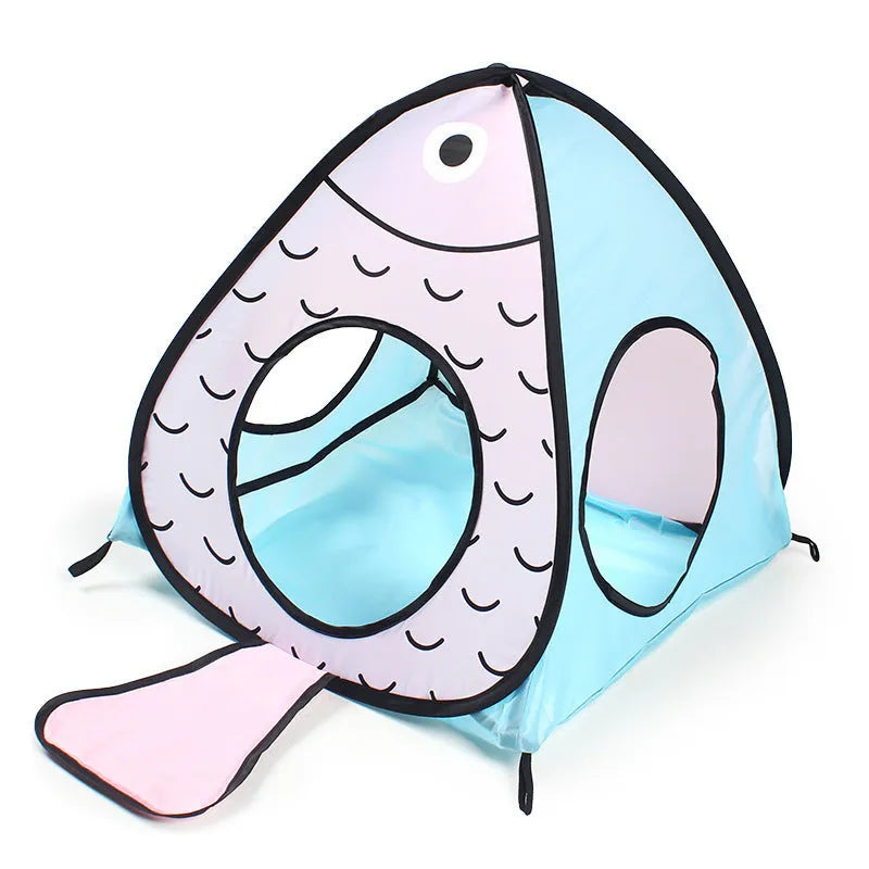 Foldable cat tent and tunnel three-piece set in cat and fish design on a white background.