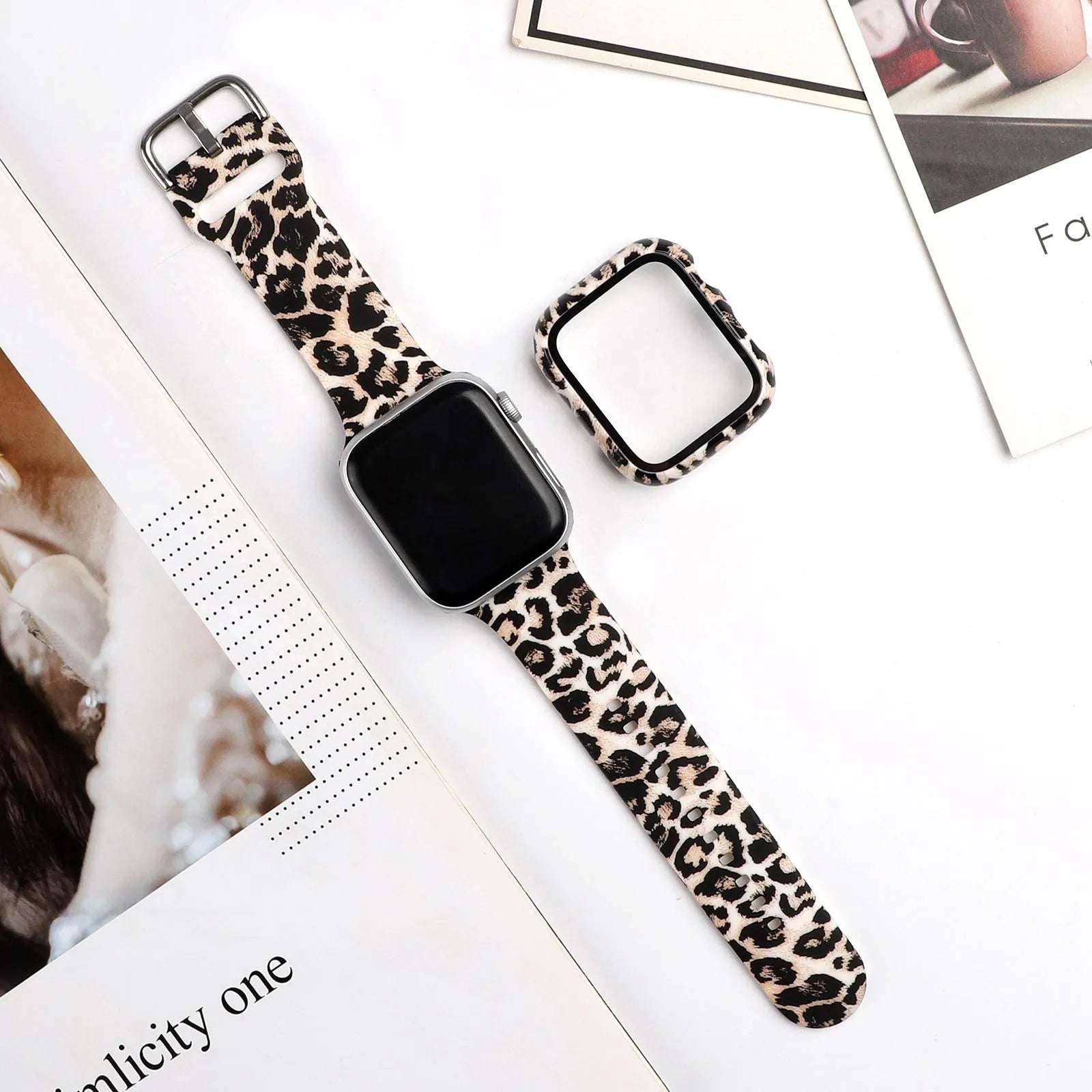 Printed silicone Apple Watch strap showing multiple pattern options compatible with iWatch 1-6 and SE models