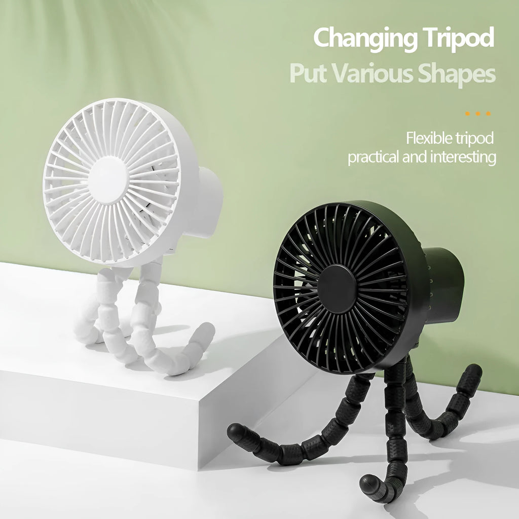 Black USB rechargeable tripod desk fan with adjustable bending neck on octopus base