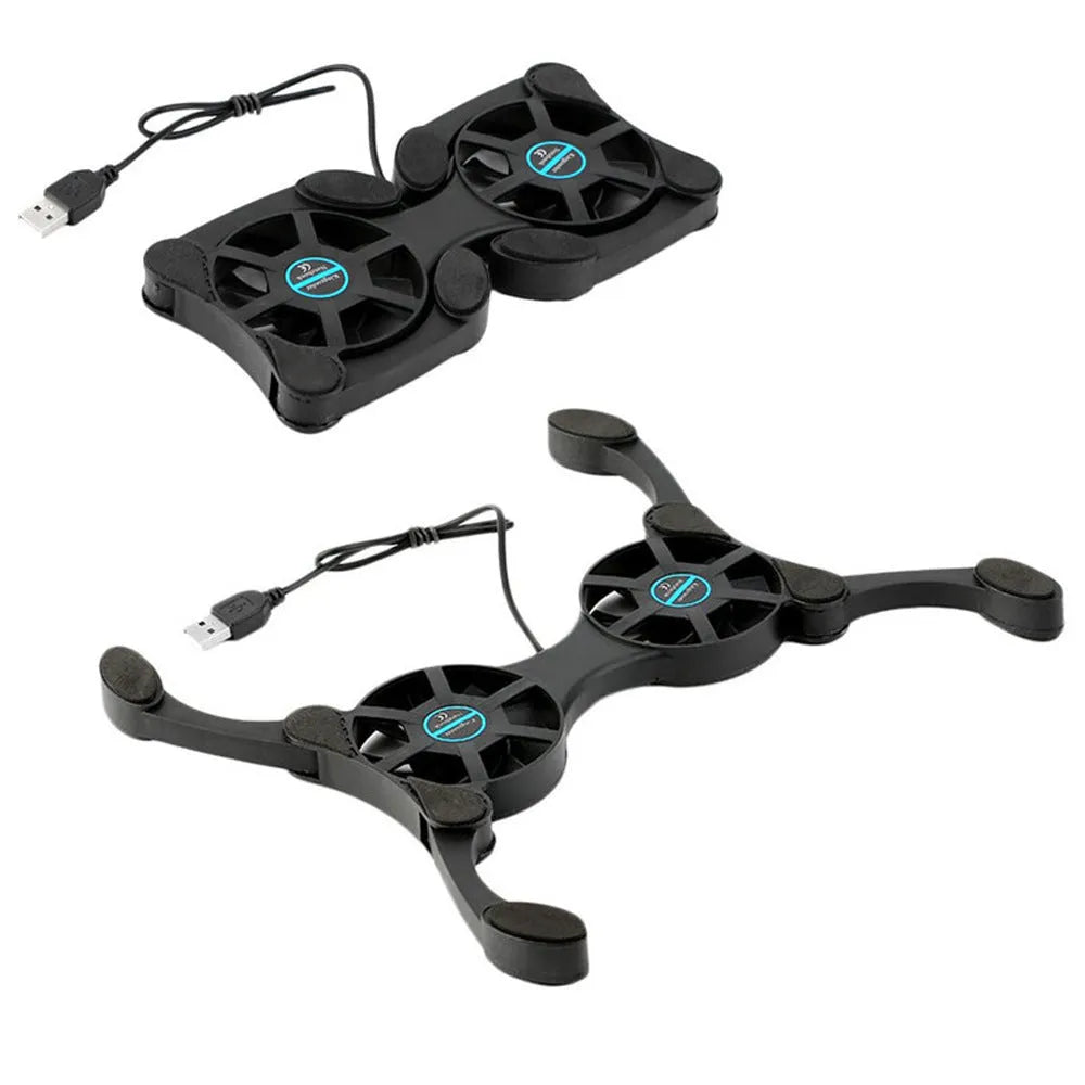 Portable folding laptop cooling stand with dual 70mm fans, black, open on desk with notebook