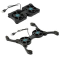 Portable folding laptop cooling stand with dual 70mm fans, black, open on desk with notebook