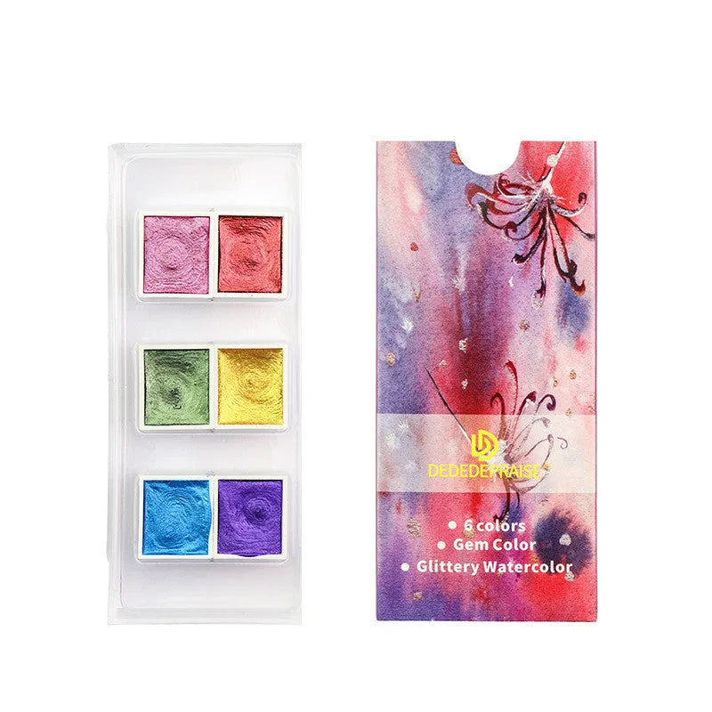 Boxed set of solid pearlescent watercolour pigment blocks in various colours for painting and nail art.