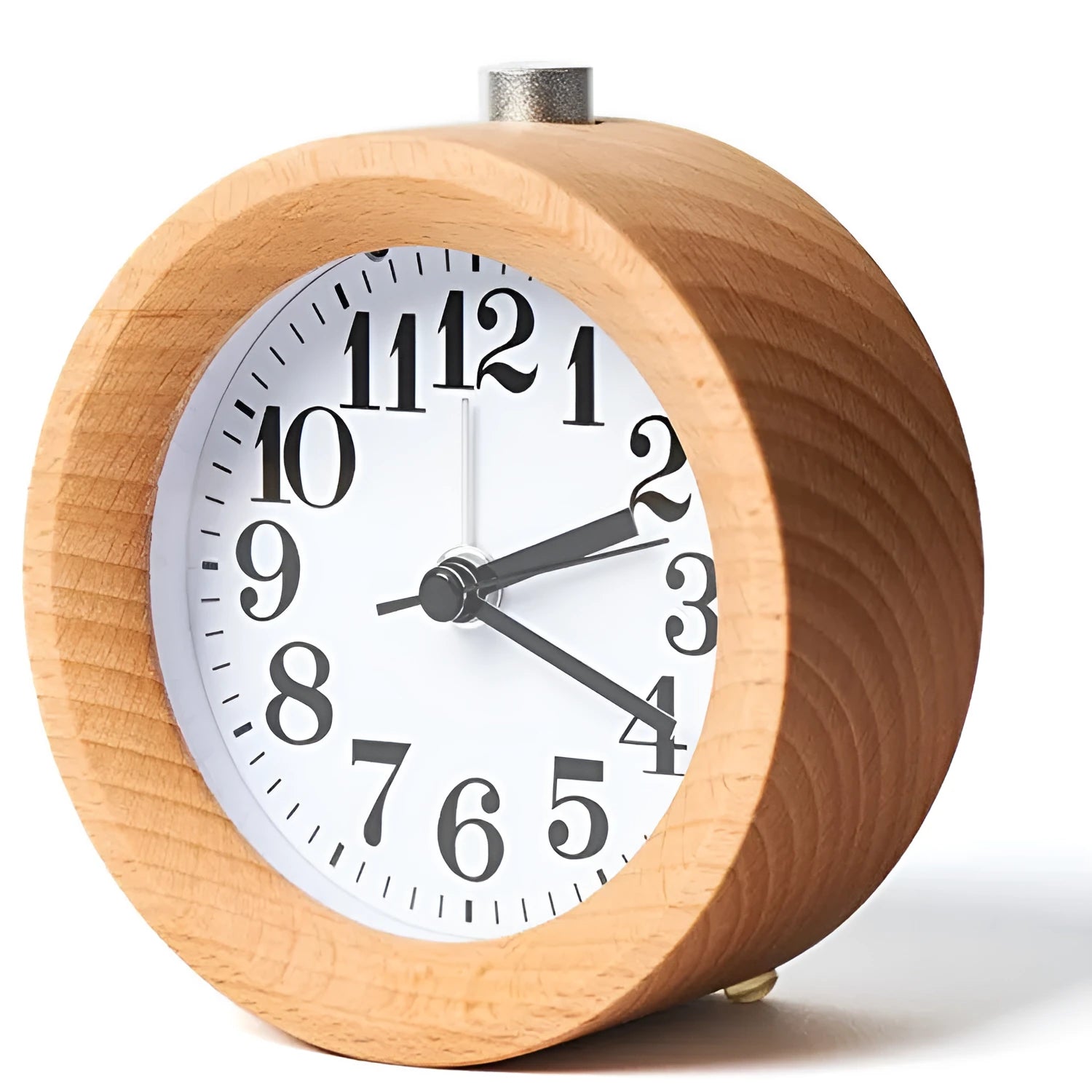 Solid beech wood silent snooze alarm clock with white dial and black numerals on a wooden surface.