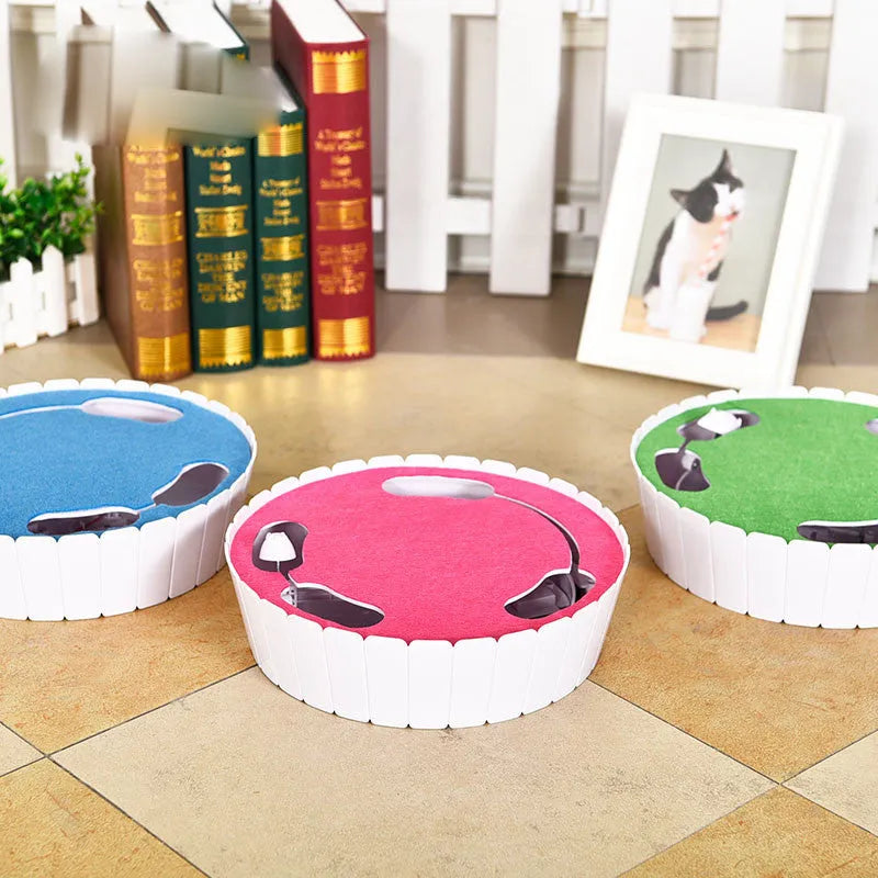 Automatic cat teaser toy with rotating non-woven mouse, blue colour, on a light floor