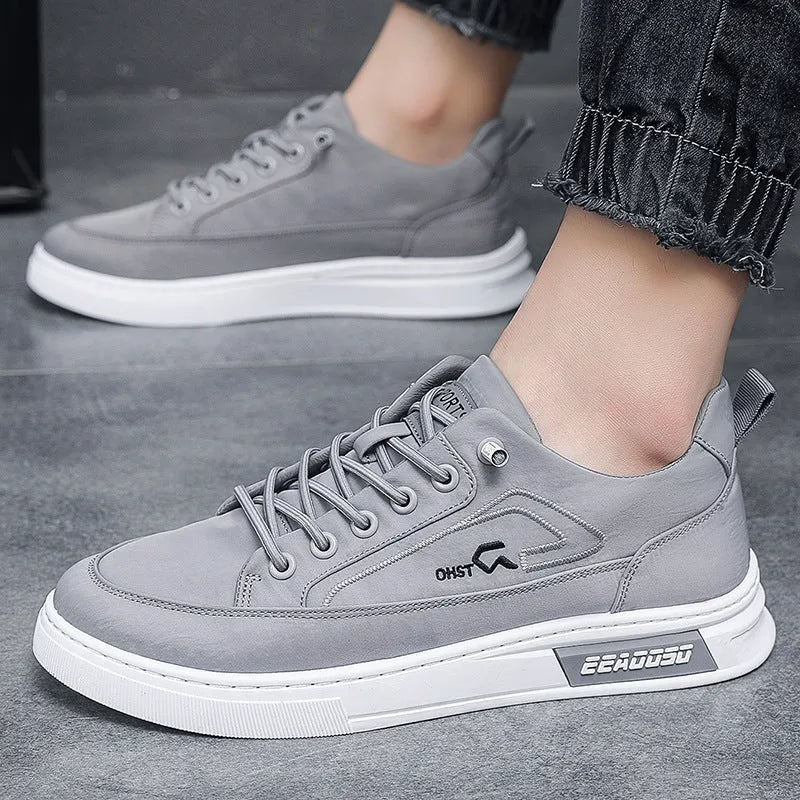 Men's grey casual sneakers with ice silk cloth and canvas upper, round toe and lace-up design