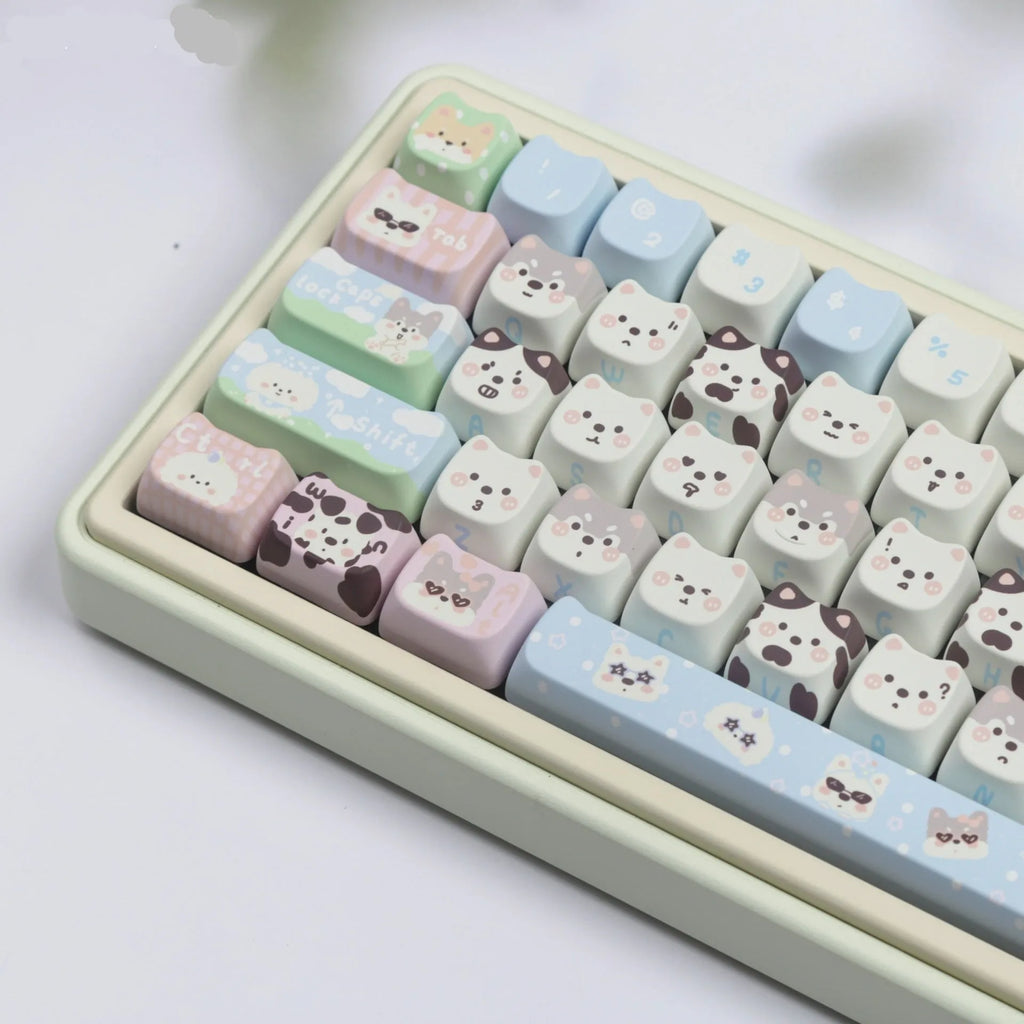 PBT sublimation key cap set with cute puppy design for mechanical keyboards, 26-piece complete collection