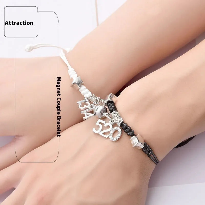 Pair of silver alloy magnet clasp couple bracelets showing example designs like clover, crown, and love symbols.