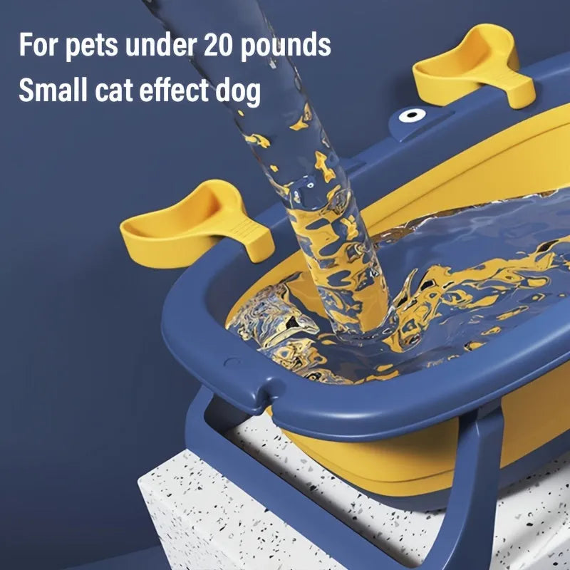 Blue foldable plastic pet tub for small dogs and cats, shown collapsed and open.
