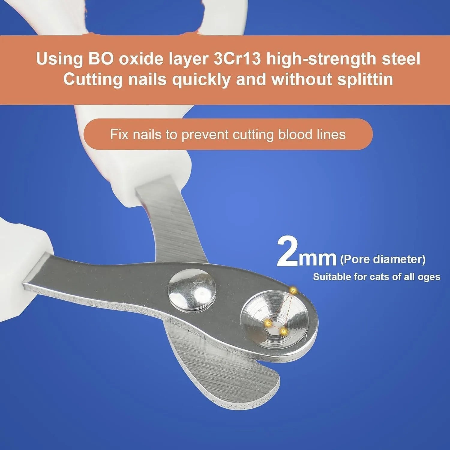 Blue cat nail clippers with circular cut hole design and cushioned handle for safe pet nail trimming