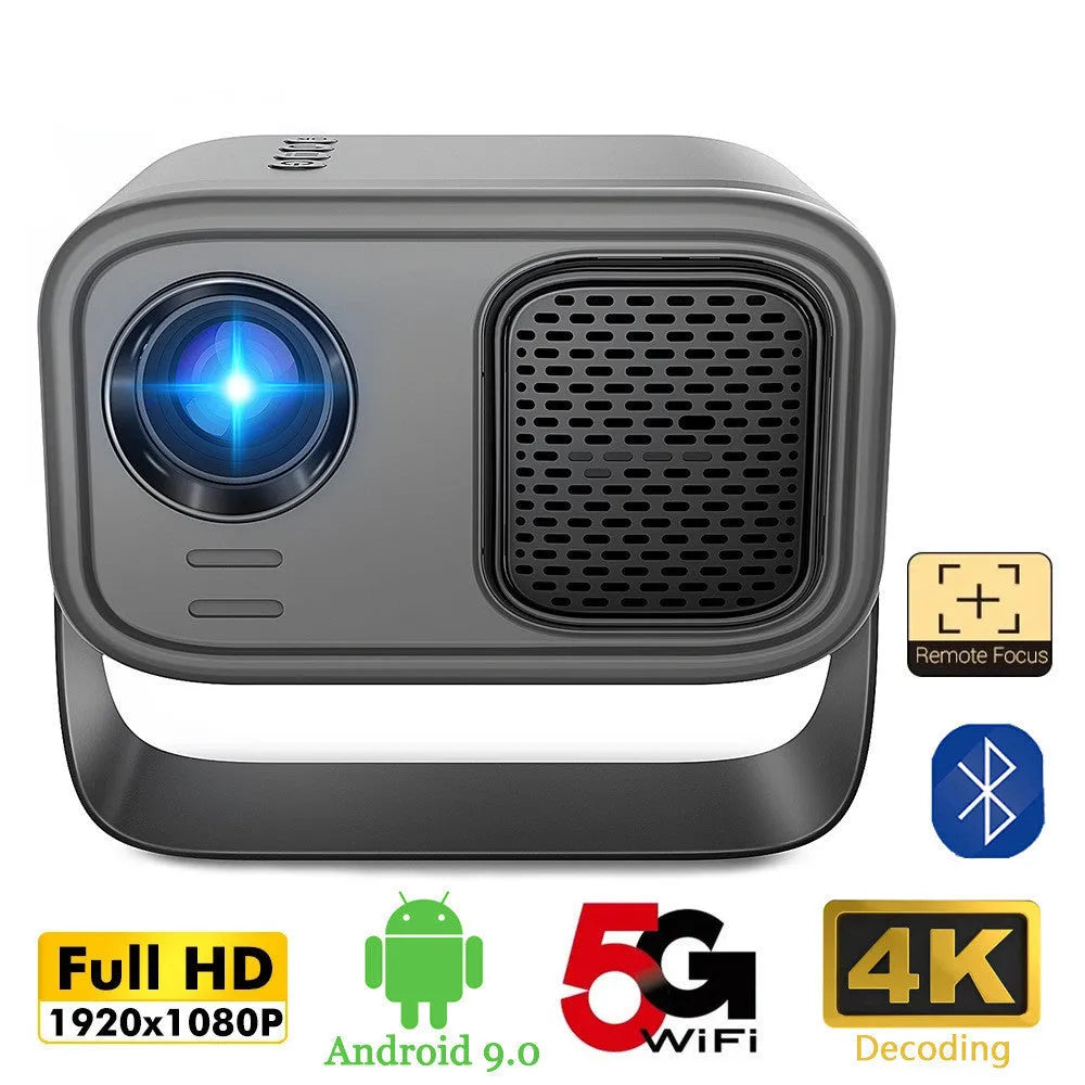 Black portable smart projector with remote control on table
