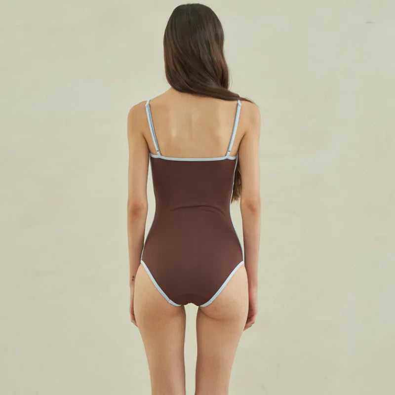 Brown triangle one-piece swimsuit for women made from nylon fabric