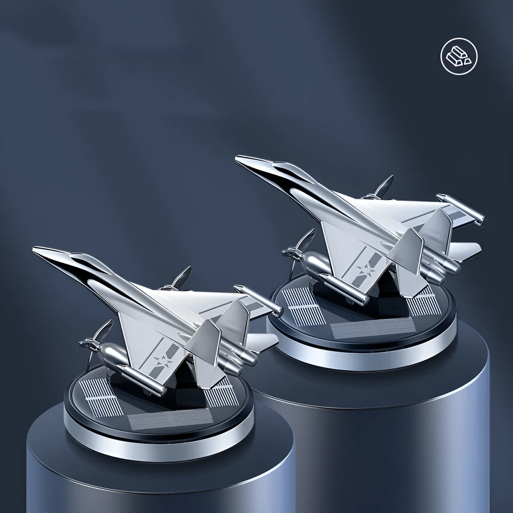 Solar powered rotating fighter aircraft car perfume ornament in silver, gold, blue, or red colours