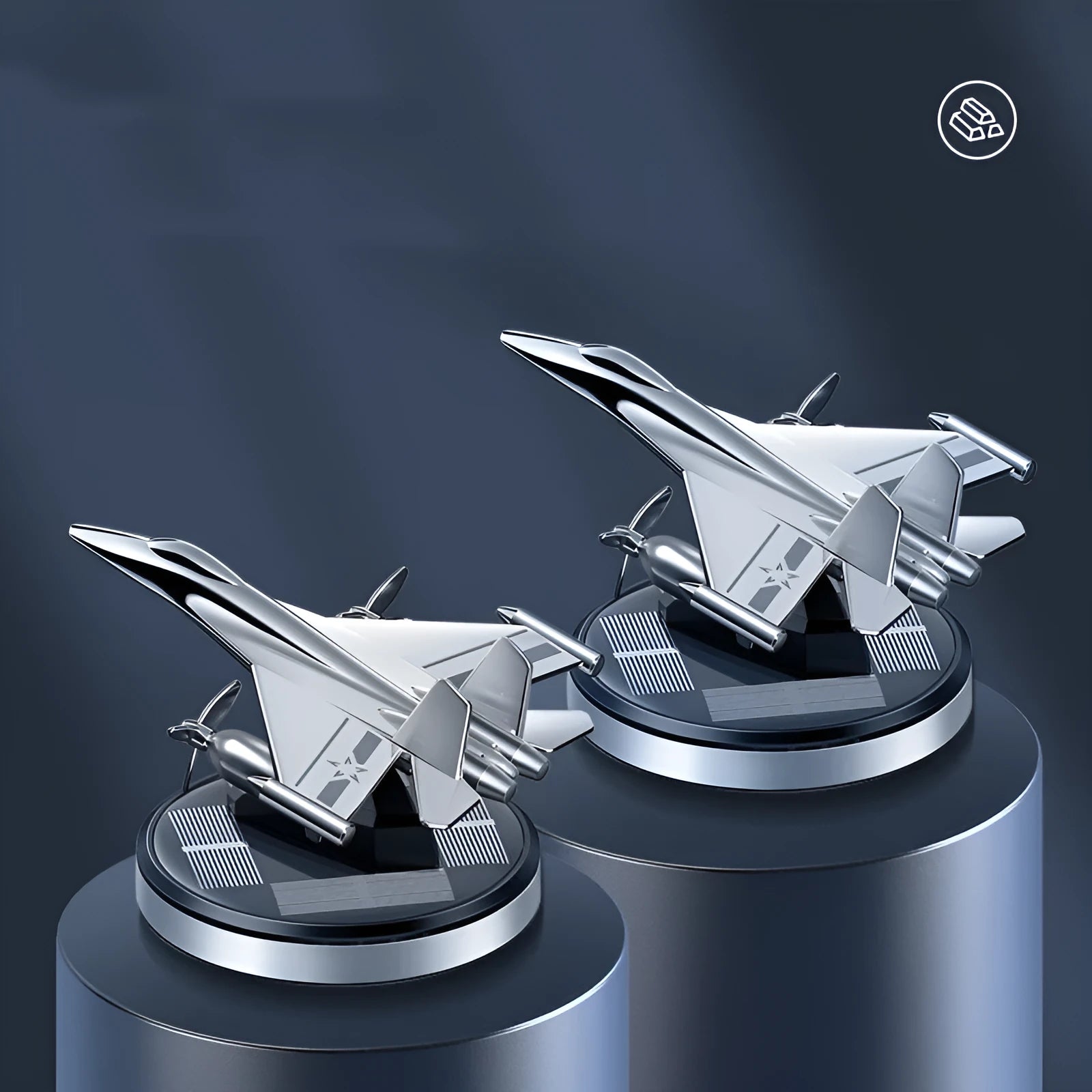 Solar powered rotating fighter aircraft car perfume ornament in silver, gold, blue, or red colours